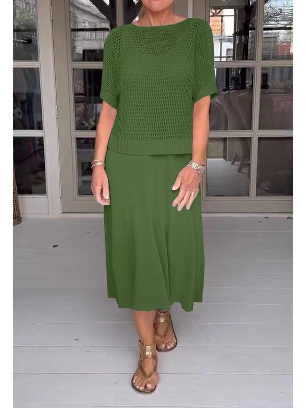 2025 European & American Style Casual Solid Color Hollow Knit Dress Suit with Round Neck Sweater