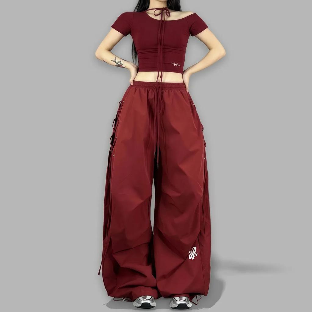 American Streetwear Jogging Cargo Pants Women High Waist Side Straps Loose Punk Wide Leg Trousers Fashion Hip Hop Parachute Pant