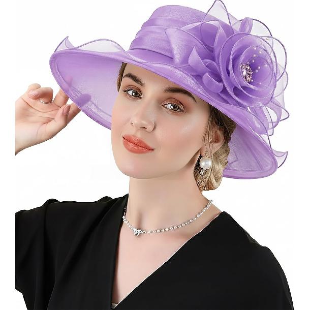 DRESHOW Damen Organza Hut Kirchenkappe Hüte Ausverkauf Kentucky Derby Cocktail Teeparty Hochzeit Blumenhut mit breiter Krempe