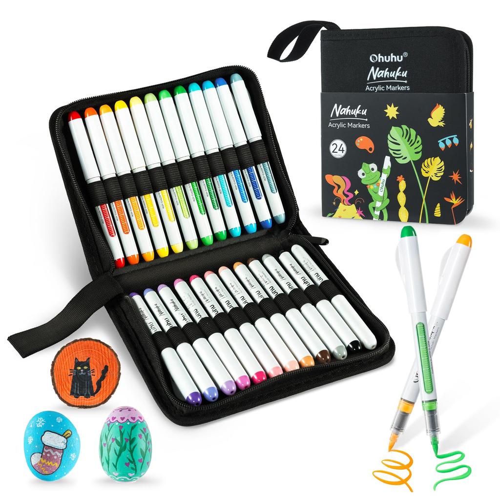 Ohuhu Acrylic Brush Acrylic Opaque Paint Markers for Storage Case and Japanese Instruction Manual Included Markers, Type, 24-Color Set, Direct-Ink