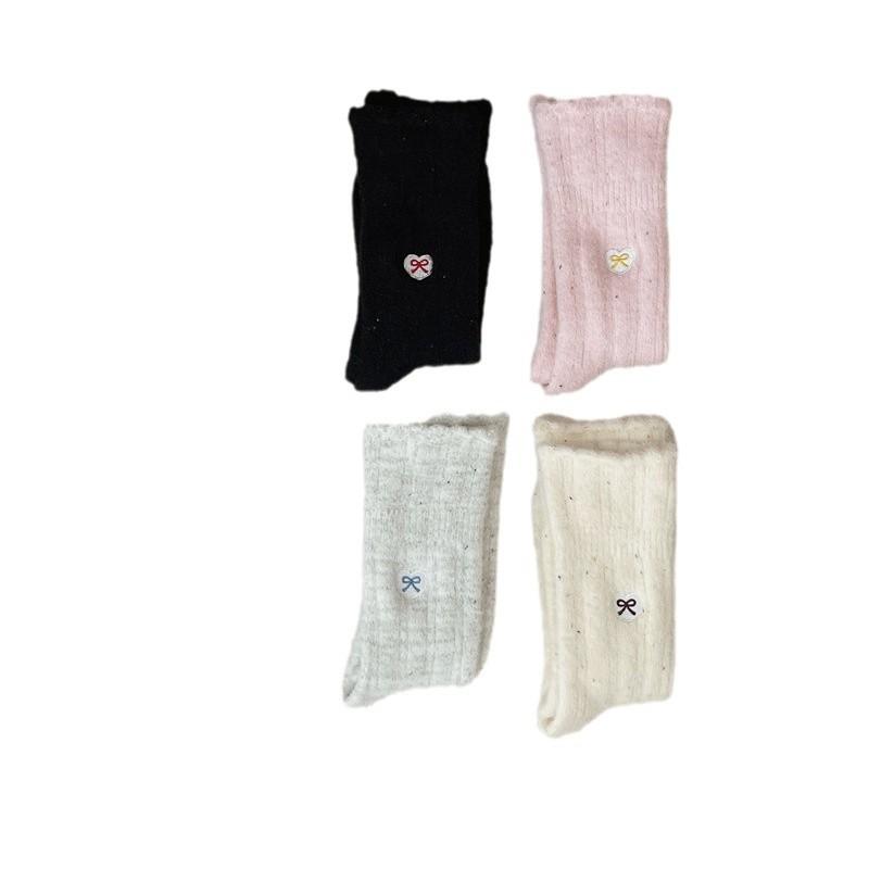 Thickened Point Yarn Australian Velvet Warm Socks Bow Embroidery Korean Sweet Pile Socks