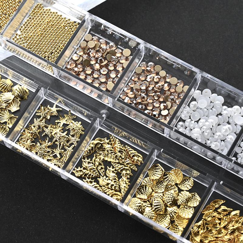 12Grids Ocean Gold Nail Art Charms Shell/Seahorse/Starfish White Half Round Pearl Gems 3D Mixed Punk Manicure Metal Rivets Studs
