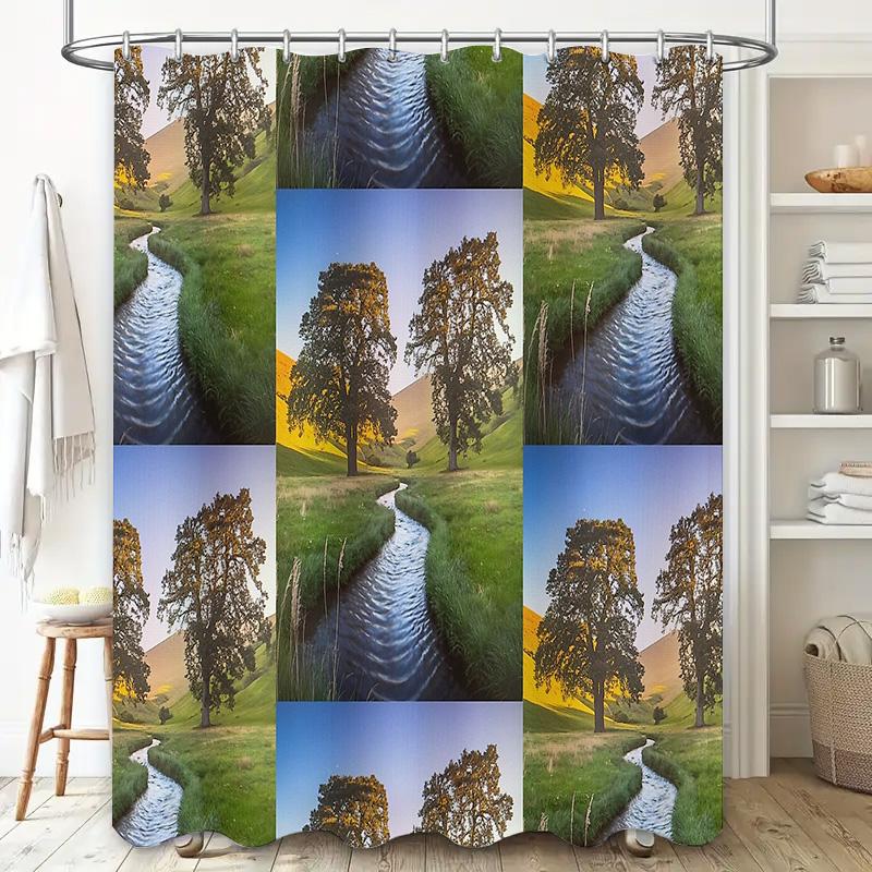 Nature Landscape Shower Curtain Botanical Forest River Mountain Scenic Backdrop Washable Bathroom Decor