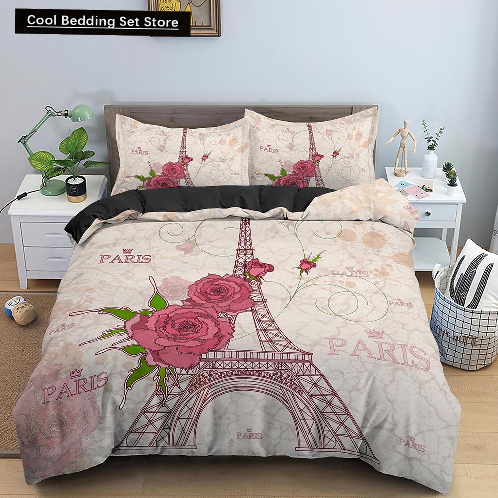 Paris Eiffel Tower King Queen Duvet Cover World Famous Romantic Attractions Bedding Set Women Girls 2/3Pcs Polyester Quilt Cover