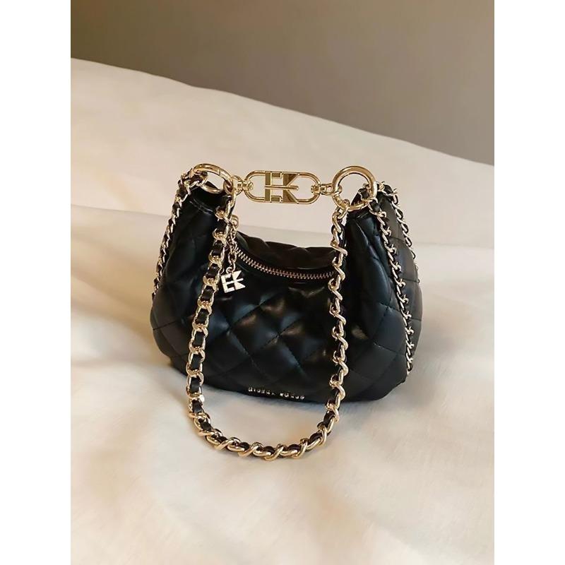 "Thousand Gold Night Crescent Bag, Moon Bag, Black Checkered Chain Bag, Shoulder Bag, Crossbody Bag, Handbag.