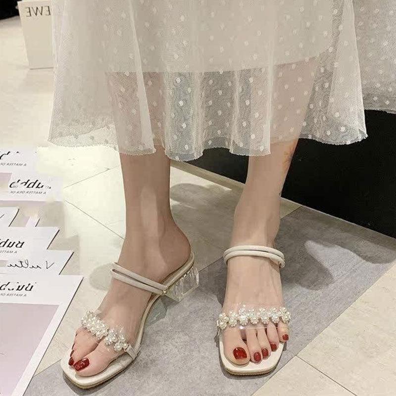 Rhinestone transparent thick-heeled slippers women's summer wear 2025 new fashion fairy temperament French sandals one-word sandals