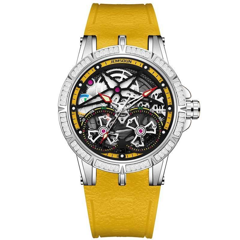 Men Luxury Rainbow Zircon Bezel Skeleton Quartz Watch Luminous Hands Waterproof Silicone Strap Hip Hop Sport Wristwatch Male Gift Clock
