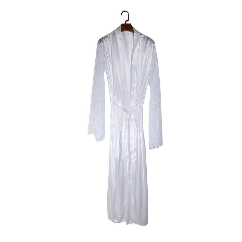 Women Lace Stitching Long Bathrobes Nightgown Soft Silk Dressing Gown Bath Robe Large Size Sexy Pajamas