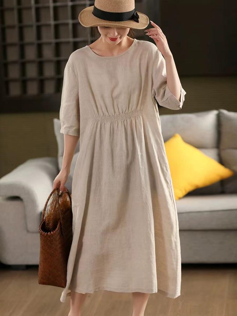 Johnature Women Vintage Solid Color Dress O-Neck Half Sleeve Summer Loose Female Fold High Waist Dress