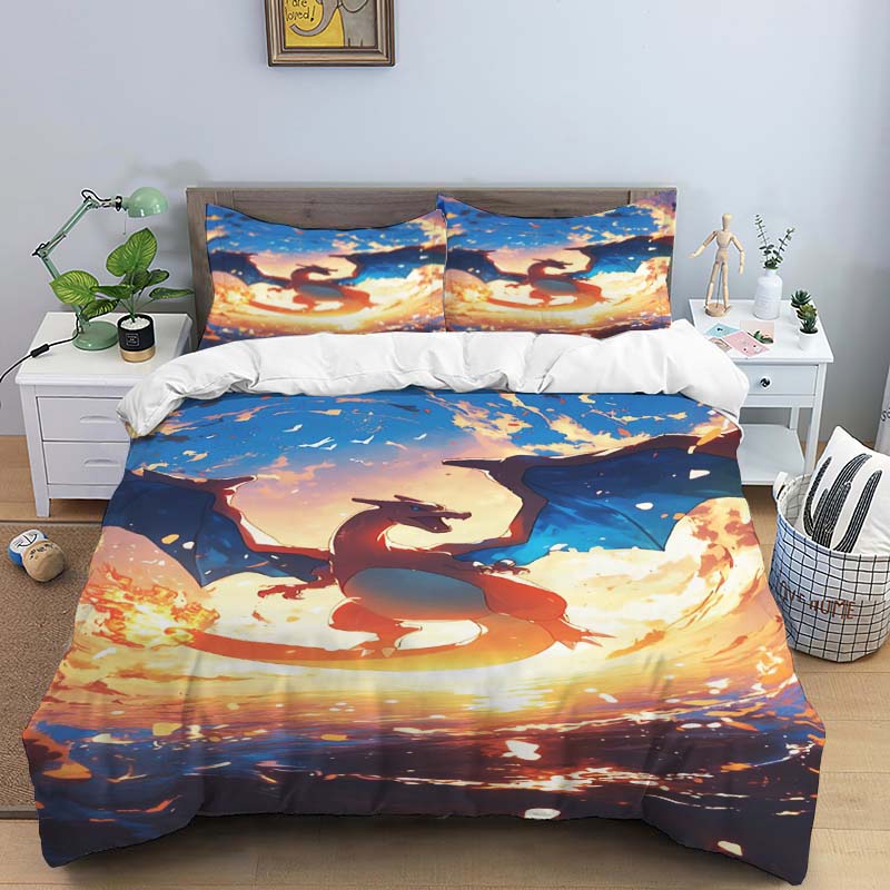 Cute Cartoon Charizard-Themed Bedding Set, featuring a soft duvet cover and pillowcases—perfect for teenagers, children, and mor