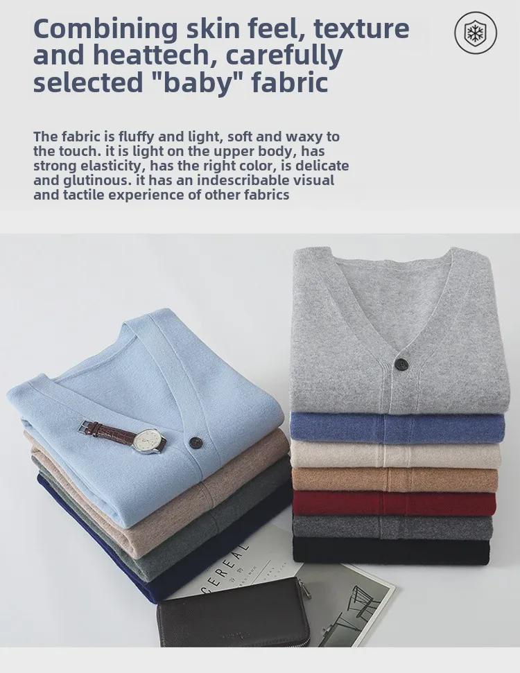 Pánský kašmírový vlněný kardigan svetr s výstřihem do V - Volný jednobarevný, Dlouhý rukáv, Ležérní univerzální (2024).