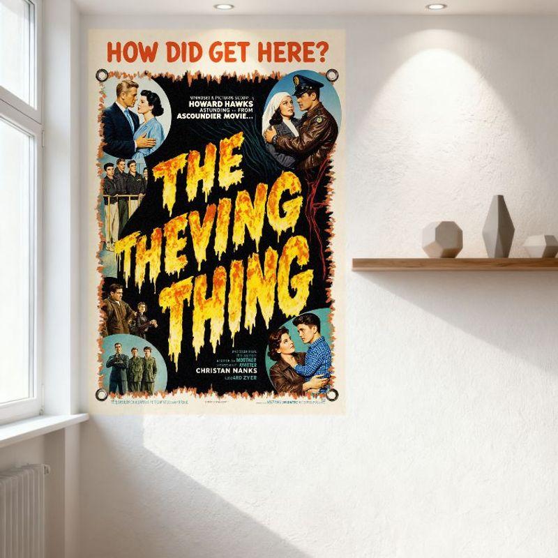 Vintage 'The Theving Thing' Movie Poster Metal Tin Sign Retro 1950s-60s Style Wall Decor with Dramatic Design for Man Cave Cafe
