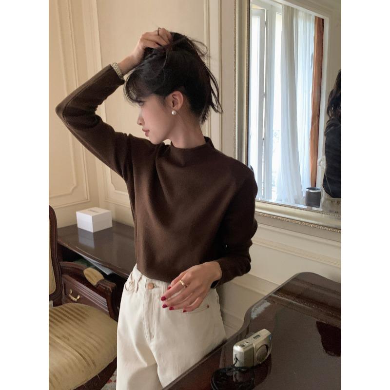 Temperament Soft Waxy Semi-turtleneck Sweater Bottoming Shirt Women's Autumn and Winter Velvet Thickened Solid Color Knitted Top with Inside