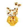 Kinder-Bodysuit mit Stirnband, Sonnenblumen-Print, quadratischer Kragen, Schlitzärmel, ausgehöhlter Strampler + Haarband, 0–24 Monate