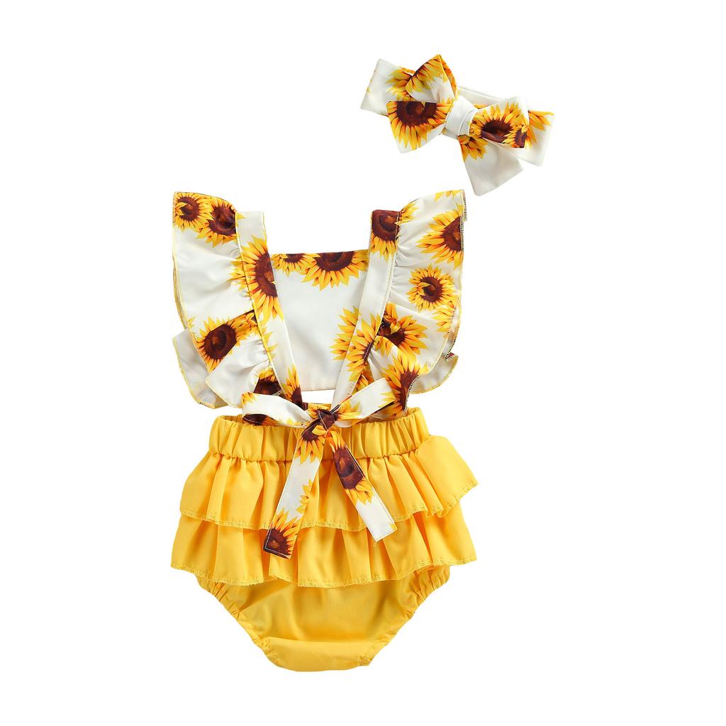 Kinder-Bodysuit mit Stirnband, Sonnenblumen-Print, quadratischer Kragen, Schlitzärmel, ausgehöhlter Strampler + Haarband, 0–24 Monate