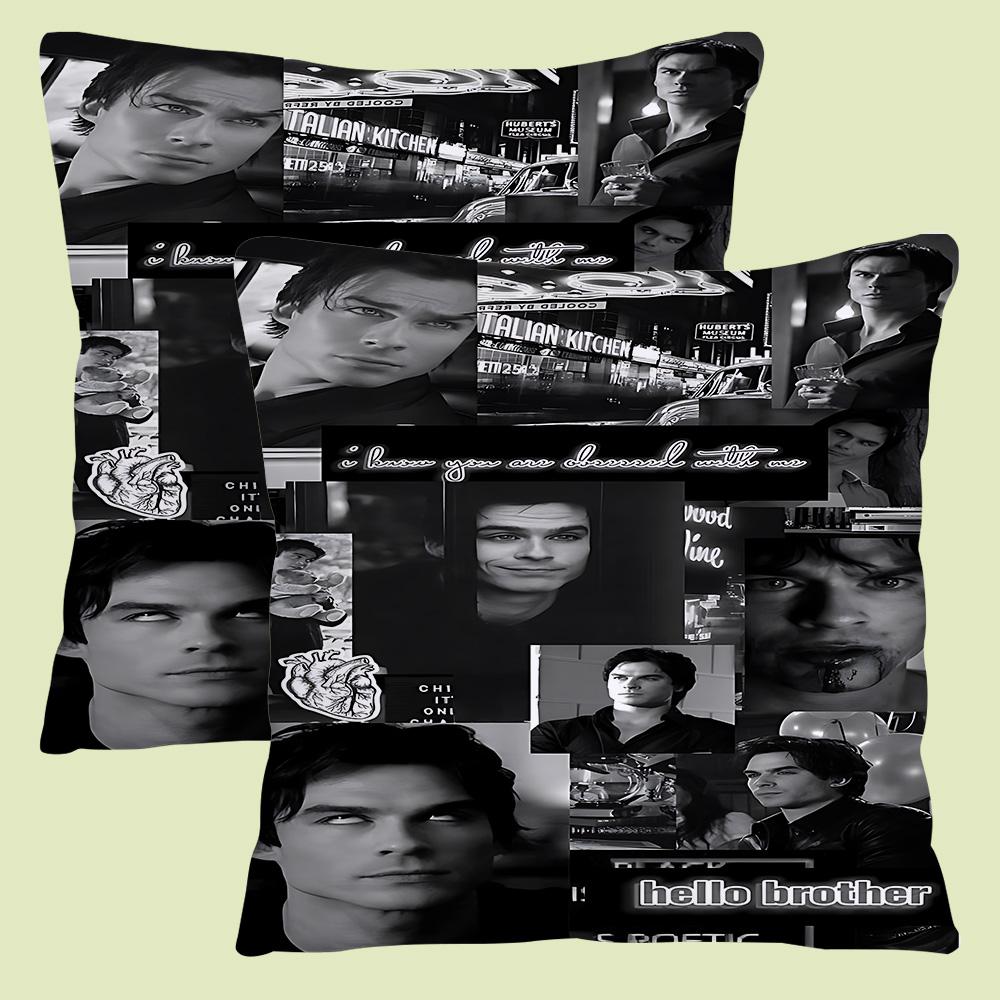 Damon Salvatore The Vampire Diaries Kuddfodral Tecknad Soffa Dekorativt Hem Dubbelsidig Tryck Kort Plysch Söt Kudde