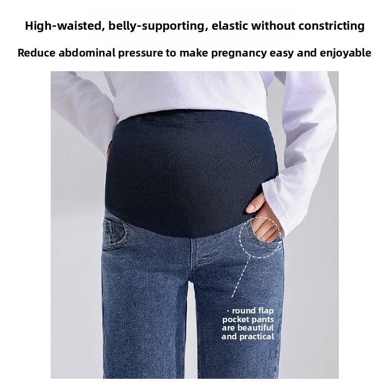 2026 Spring and Autumn Maternity Jeans for Outerwear, High-Waisted, Belly Support, Cropped Straight-Leg Slimming Pants