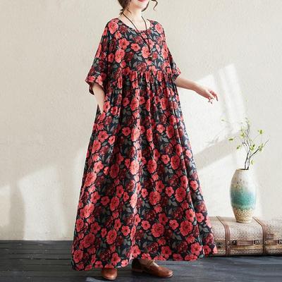 Kurzarm Plus-Size-Baumwolle im Vintage-Stil mit Blumenmuster, neu in Kleidern für Damen, lässiges, lockeres, langes Sommerkleid