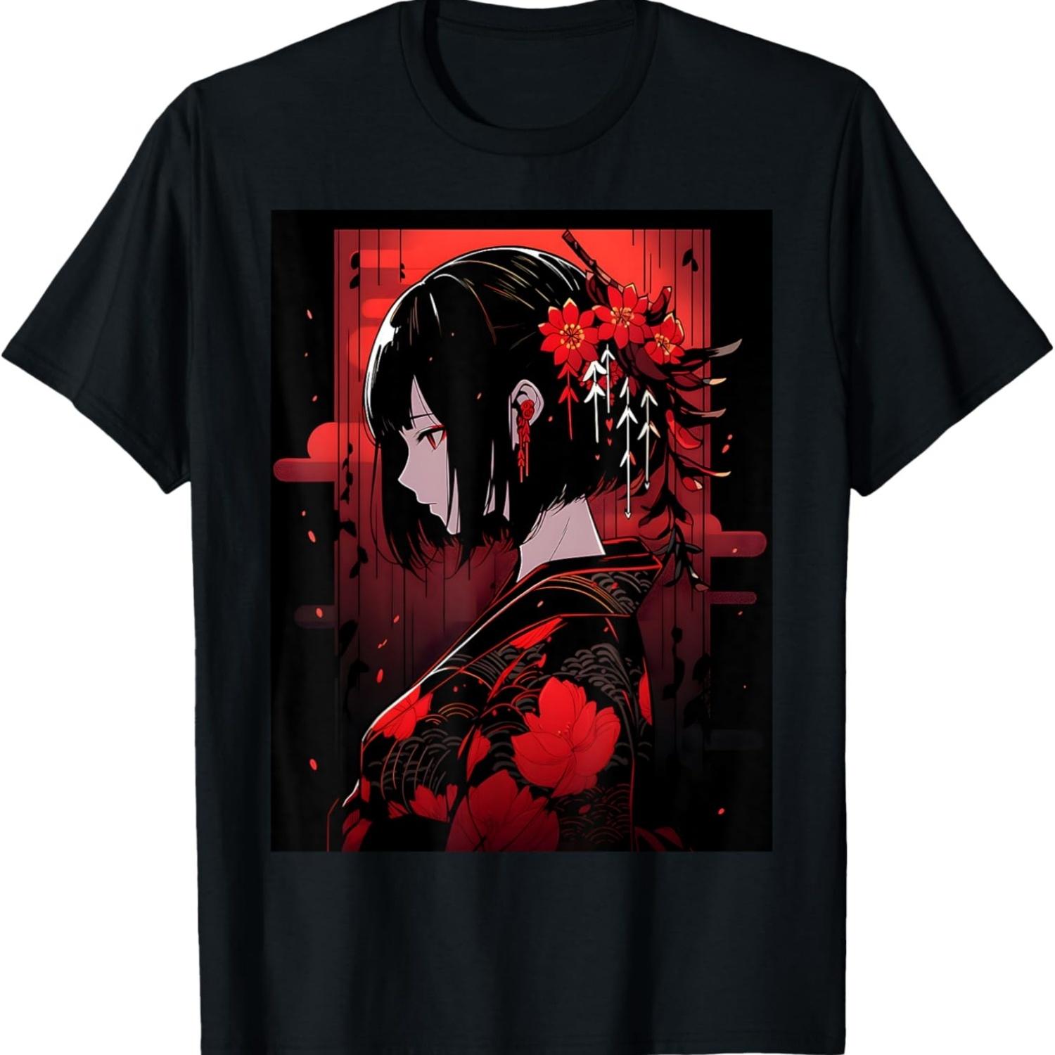 Anime Manga Red Lily Flower Japanese Culture T-Shirt S чёрный