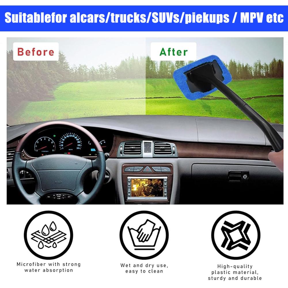 Car Windshield Cleaning Tool Front Windscreen Defogging Brush Household Glass Dust Cleaner with Washable Reusable Microfiber Pad