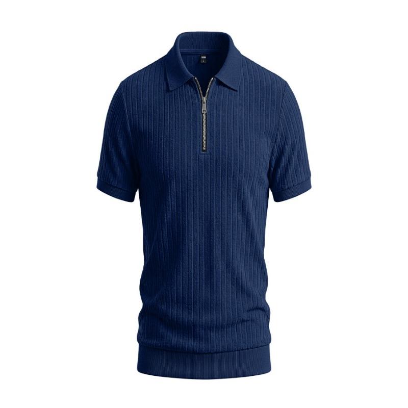 Men Solid Vertical Stripe Half Zip Turn Down Collar Short Sleeve Casual Large Size Polo T Shirt