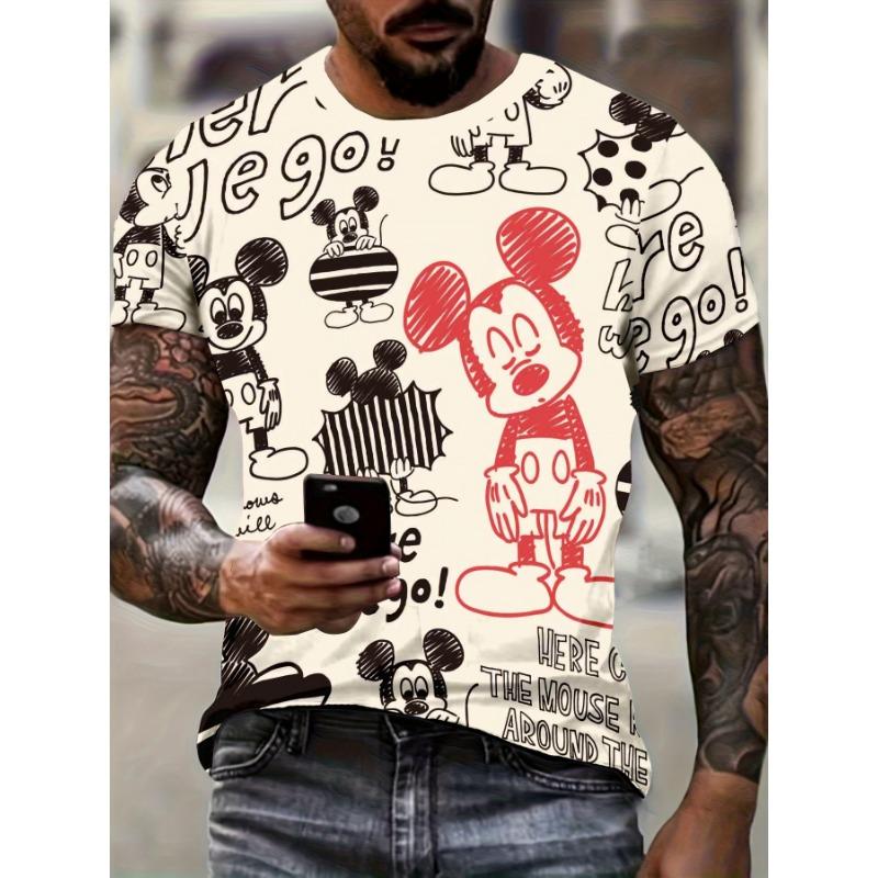 Retro Hand-Drawn Mickey Mouse Pattern Men's Beige T-shirt Casual Top