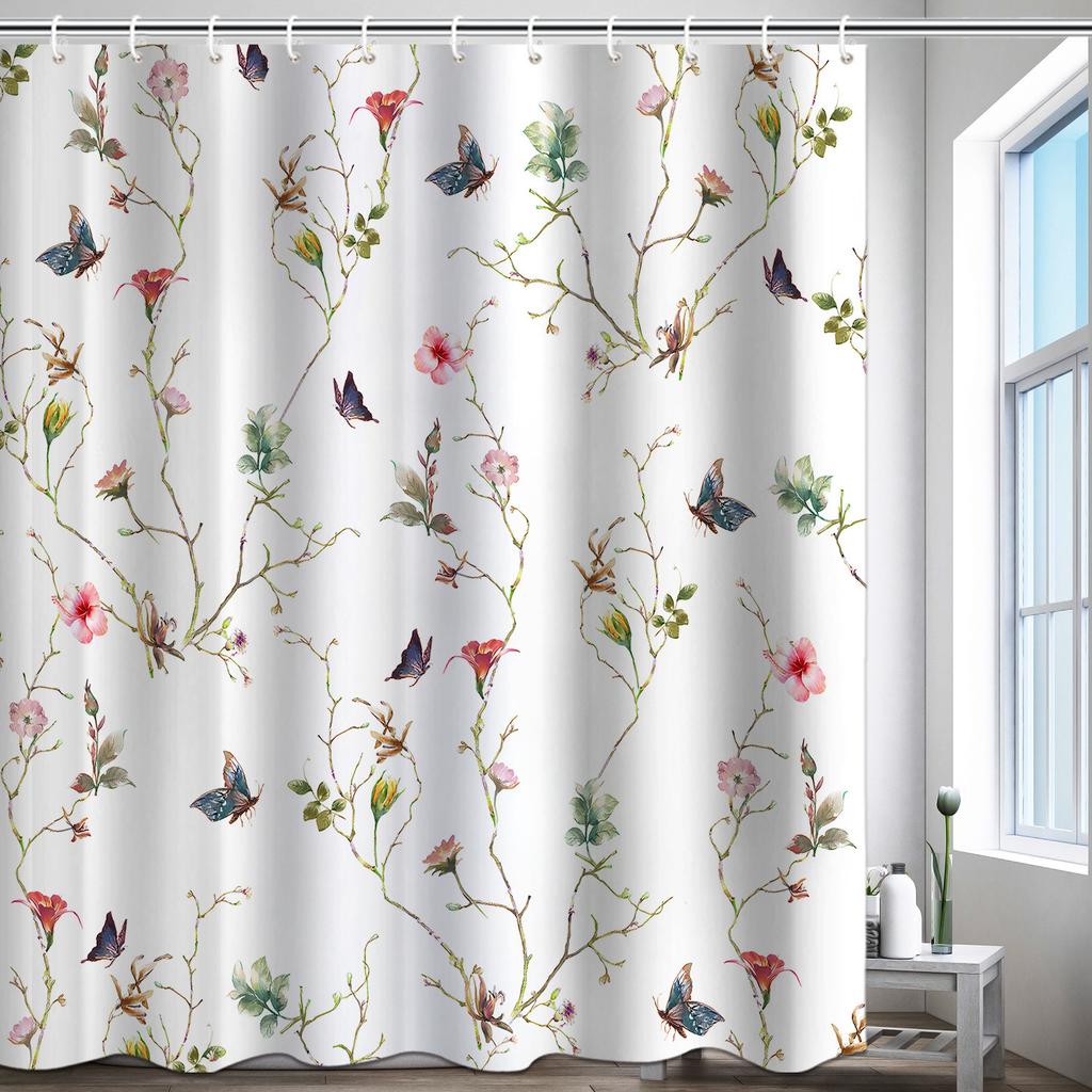 European Flowers, Birds, Plants Bath Curtains Waterproof Shower Curtain 3D Printing Bathroom Decoration with Hook Bath Screen