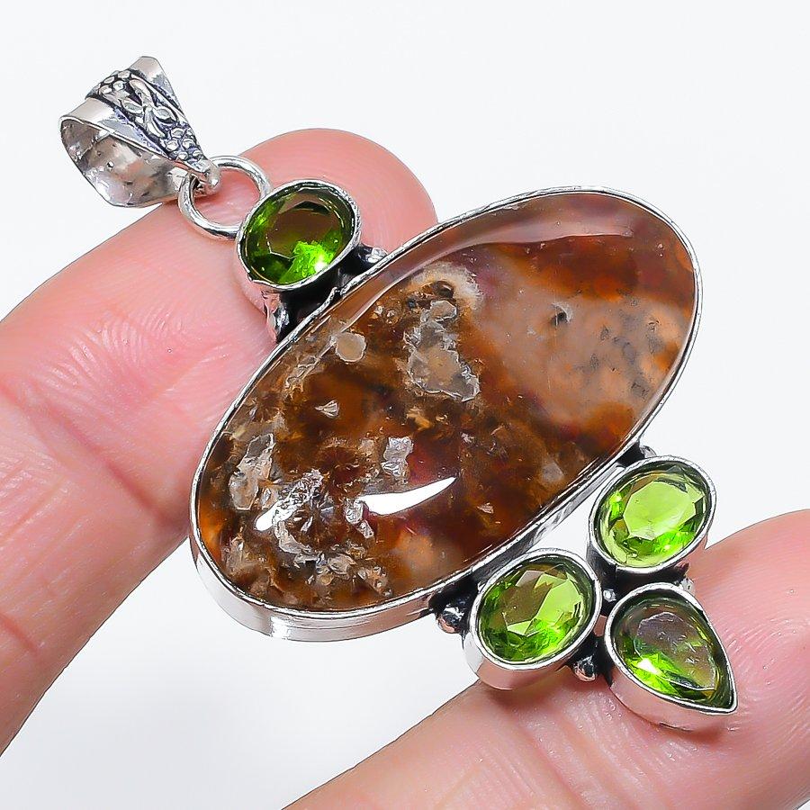 Natural Montana Agate, Peridot 925 Sterling Silver Jewelry Pendant 2.32" h2M98