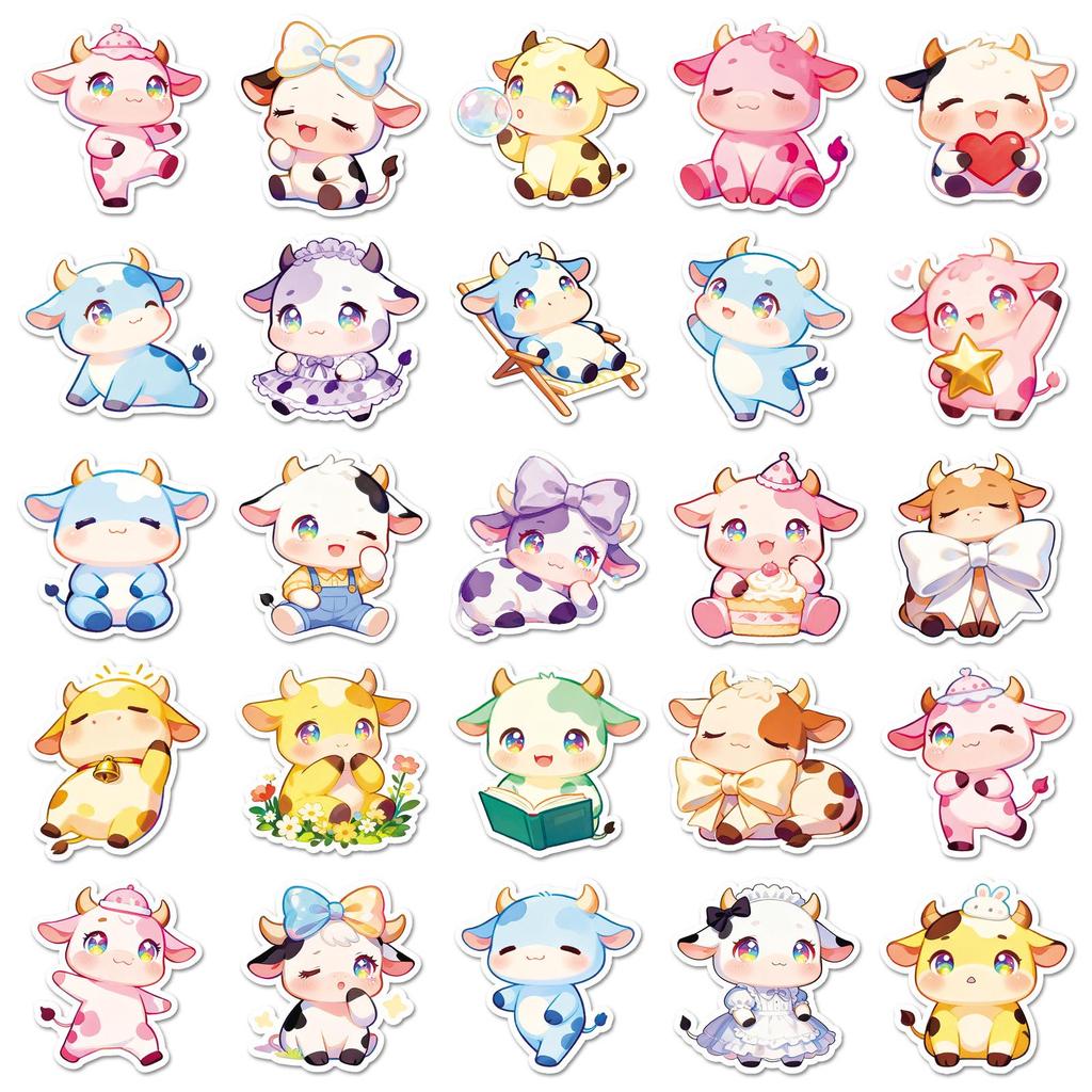 50PCS Cute Cartoon Cow Stickers - Small Animal Q Version for Notebooks, Journals, Phones - Waterproof & Girly DIY Decor