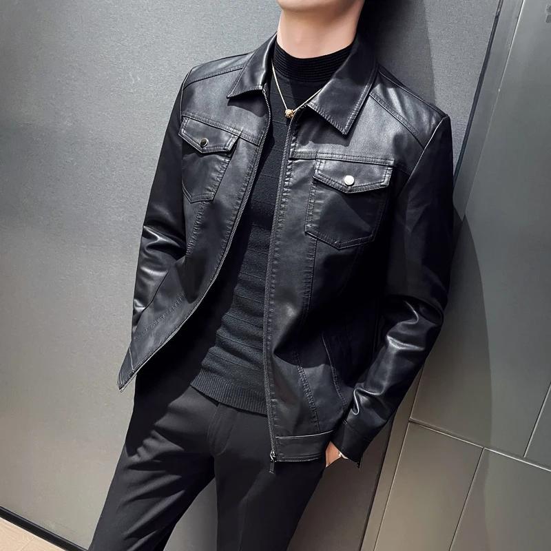 Autumn Men Casual Biker Jacket Men Pu Leather Coat Youth Leisure Faux Leather Jacket Male Loose Fit Mixed Leather Jacket