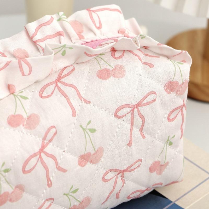 New Pink Bow Cherry Print Makeup Bag for Women Large Capacity Quilted Cosmetic Organizer Travel Toiletry Pouch Portable Wash Bag