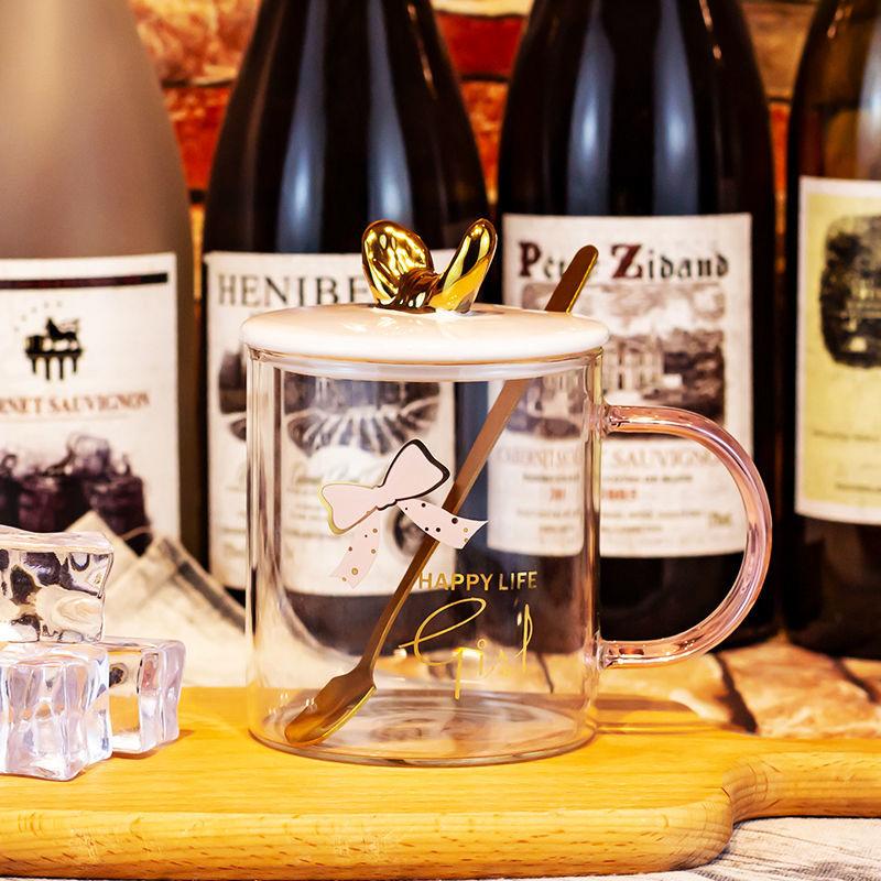 

Термостойкая кружка для воды с ручкой-ложкой, стеклянная кружка с золотым бантом, стеклянная кружка с соломой, симпатичные кружки, чашки, посуда для напитков, стаканы 301-400ml