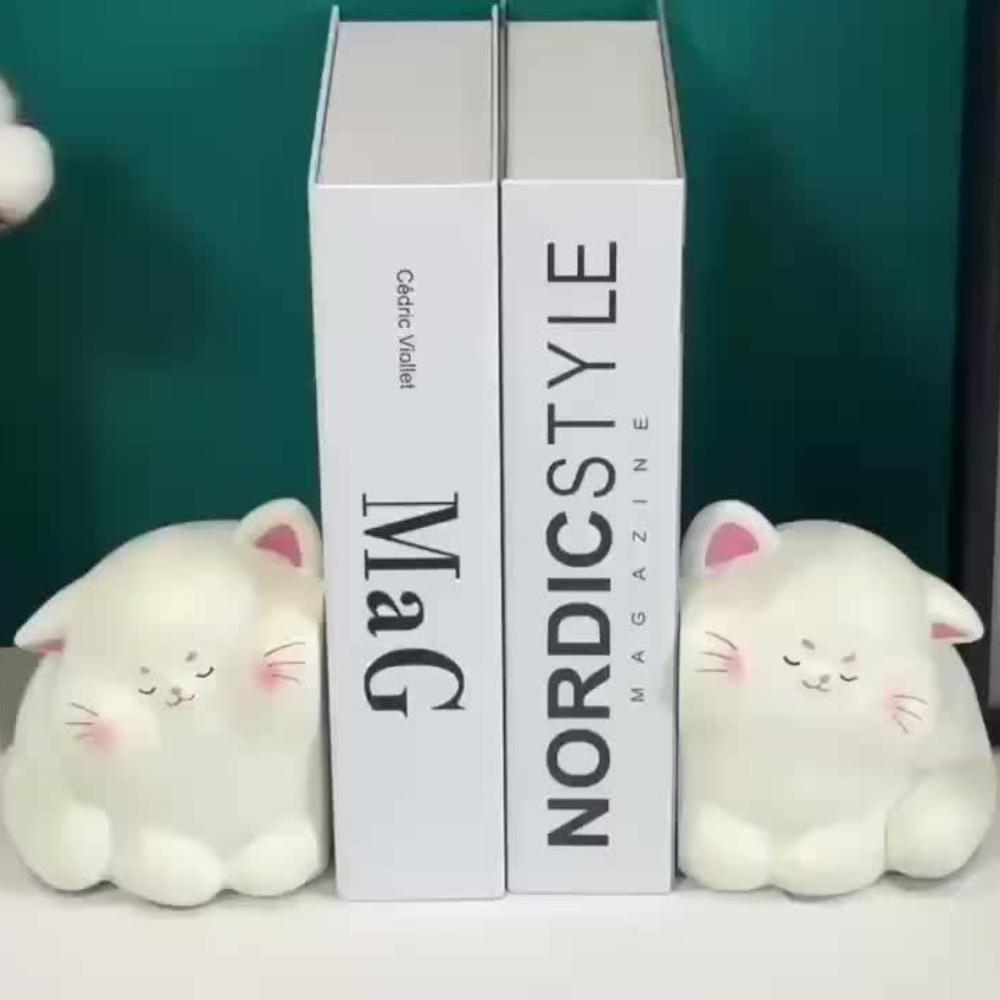 1pair/2pcs of super cute light luxury cream style cat face resin decorative bookends, heavy duty non slip bookends, for book magazine organization,