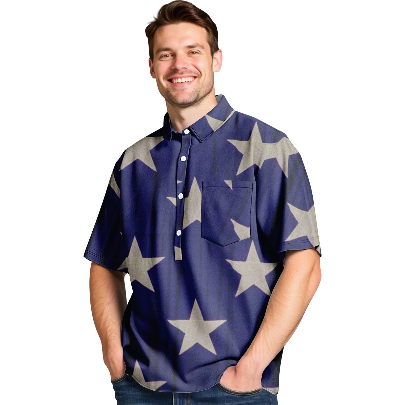 

Мужская летняя рубашка со звездами, четырехсторонними эластичными лацканами, карманами на пуговицах, повседневная спортивная рубашка с короткими рукавами L