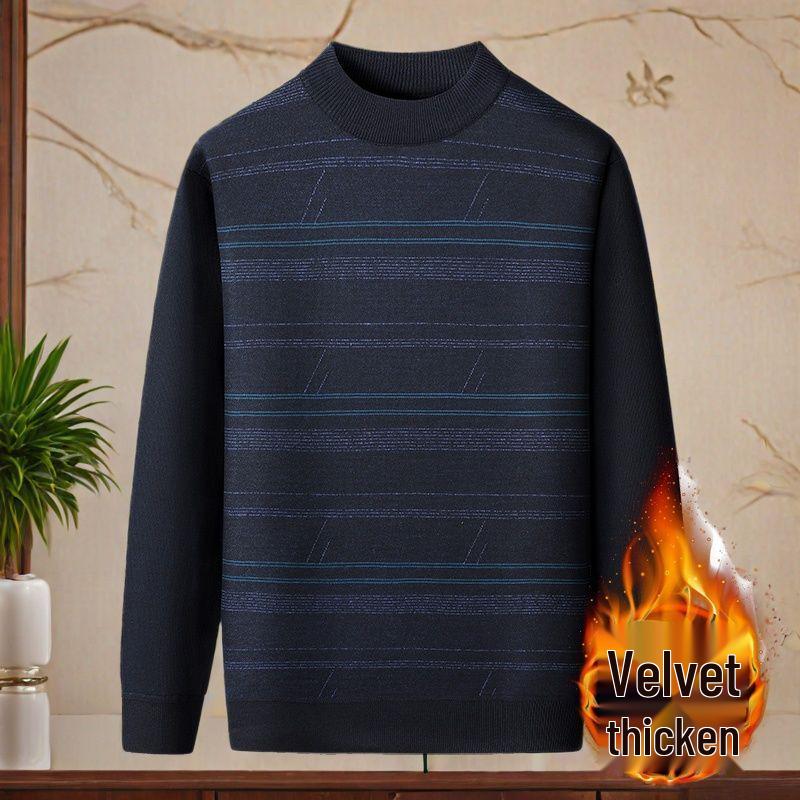 Men s Thick Fleece-Lined Knit Sweater for Elderly Dads, Warm Round Neck Pullover 3XL 160-180 lbs