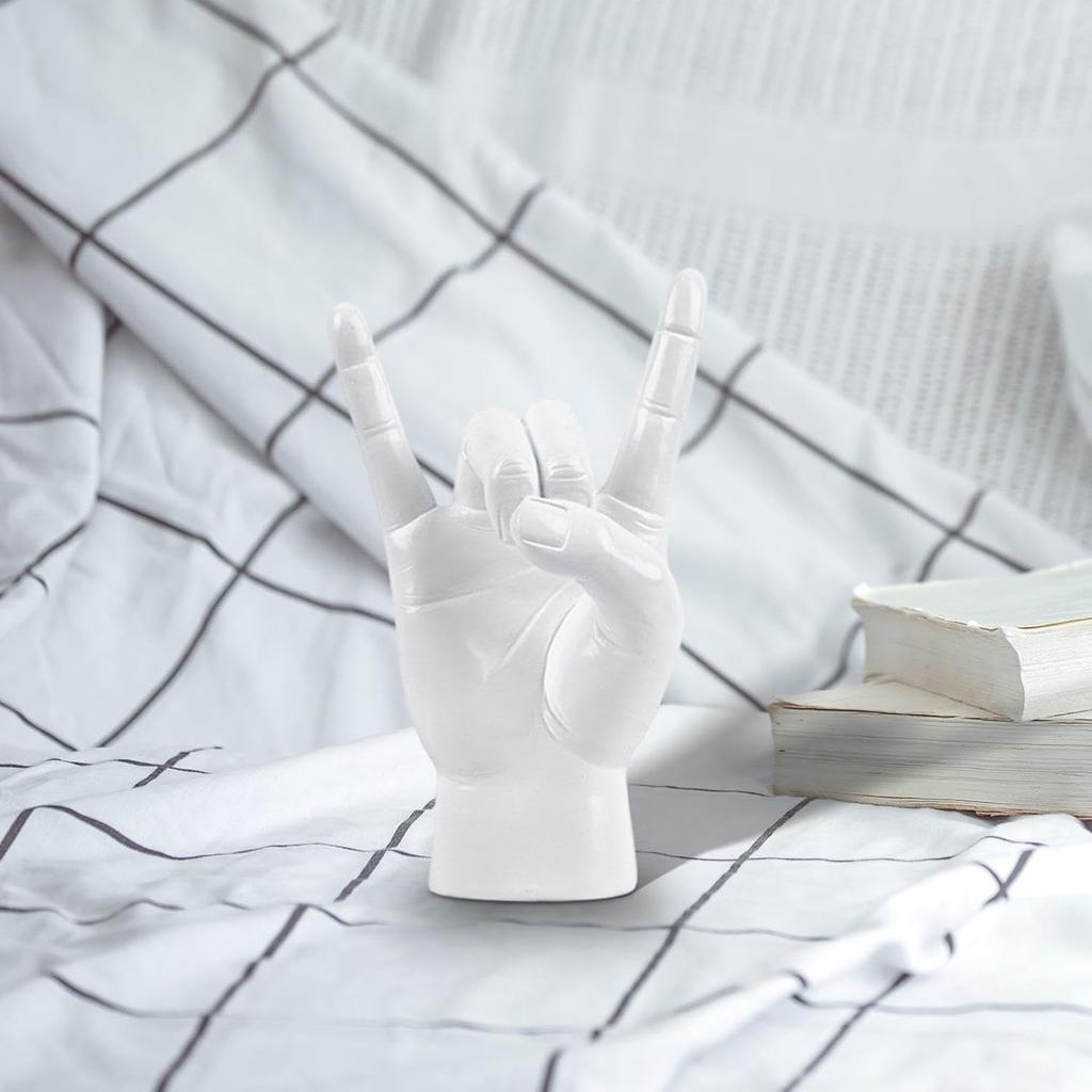 Rock Hand Gesture Statue, Finger Sculpture, Decorative Hand Sign, White Right