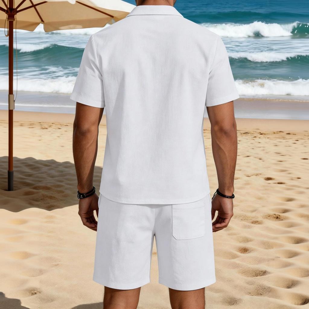 Men's Linen Short Sleeve Shirt and Shorts Set Casual Loose Fit Breathable with Pockets