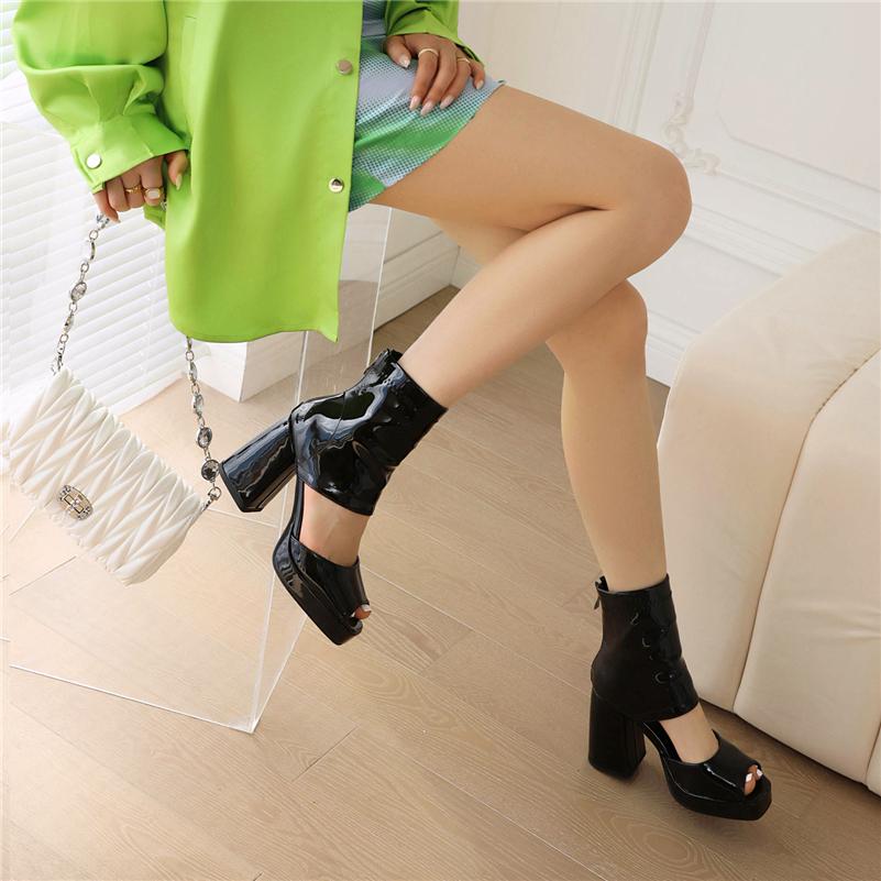 FOREADA Women Sandals Peep Toe Thick High Heels Zippers Platform Sexy Comfort Boots Ladies Fashion Shoes Summer Apricot Black 46