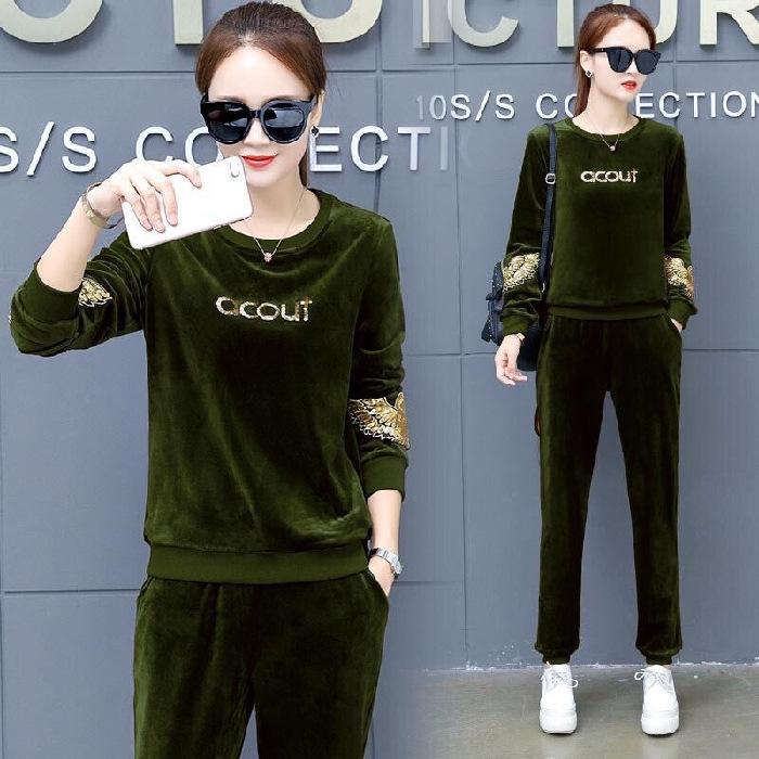 

Fashionable Loose-fitting Velvet Two-piece Women s Spring-autumn Long-sleeved Ankle-length Casual Sportswear Set 4XL зелений