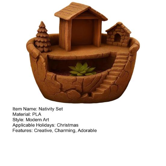 Nativity Set Indoor Decor Rustic Collectible Jesus Mary Joseph Figurine 3D Printed Religious Manger Planter Pot for Christmas Tabletop Decor