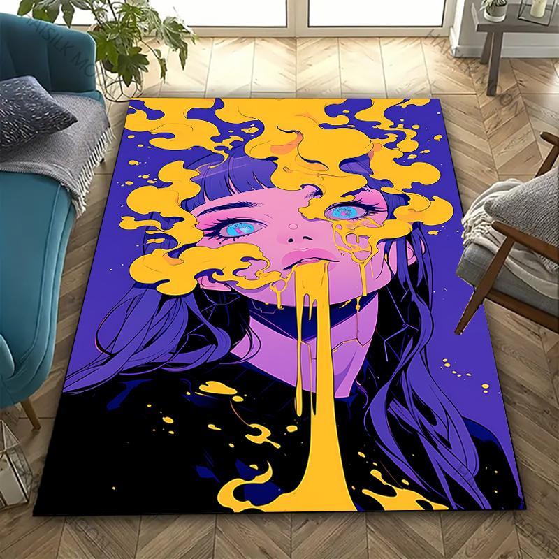 Art Style Purple Bottom Yellow Flow Girl Carpet Rug for Living Room Bedroom Children's Room Children's Play Non-slip Floor Mat