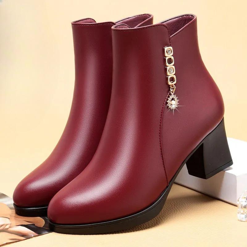 Duży Rozmiar 35-42 Damskie Zimowe Skórzane Buty Plus Aksamit Antypoślizgowe Krótkie Botki na Grubym Obcasie