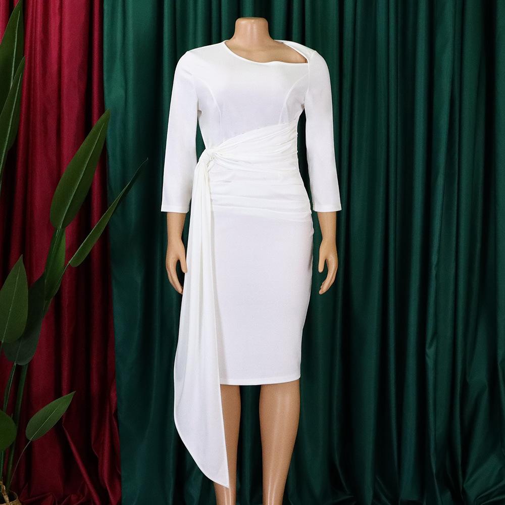Large Size Women Spring Autumn Fashion Pleated Bandage Dress Ladies One Piece Solid Medium Sleeves Sheath Dress
