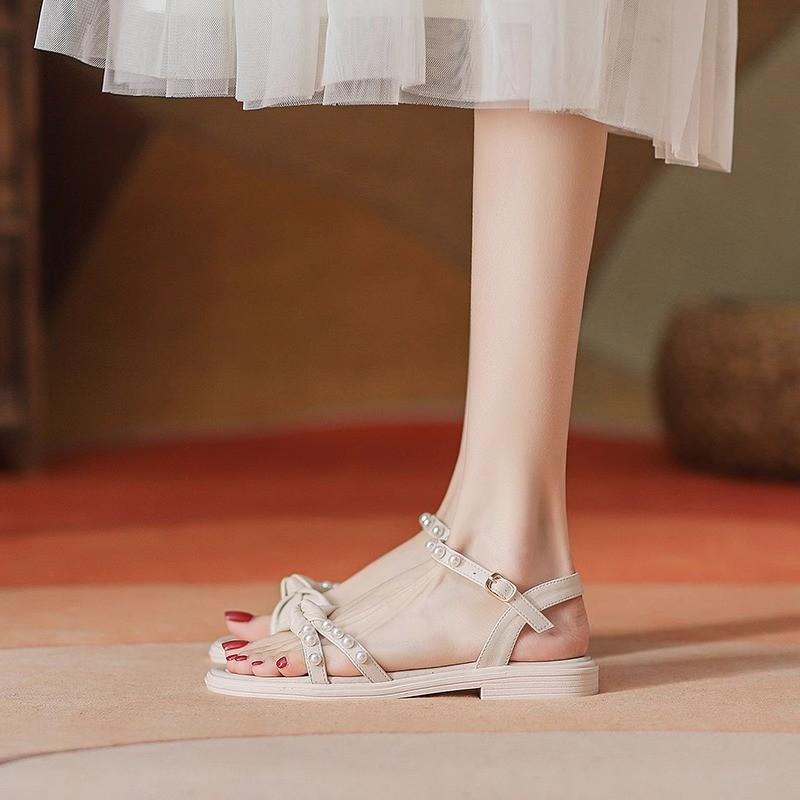 Sandals Girl 2025 Summer New Thick-soled Fairy Wind Pearl Beach Shoes Soft-soled Wedge Heel Fashion Roman Sandals