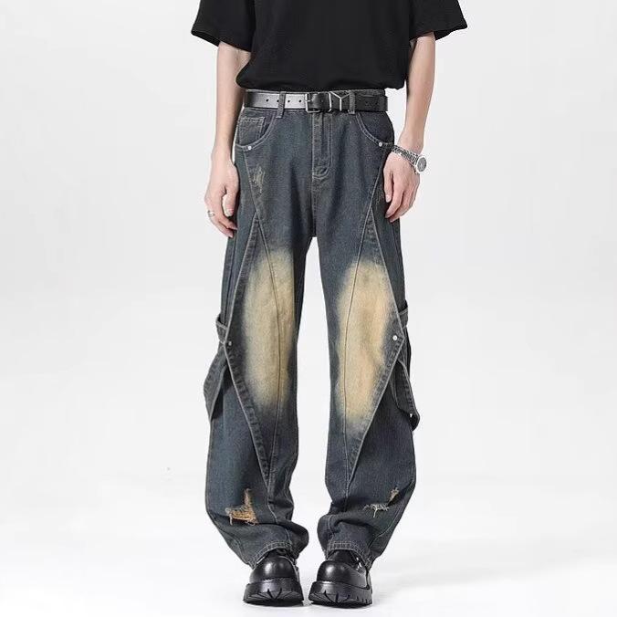 JYL Men's Bootcut Jeans  Washed Bandage Deconstructed Loose Flare Denim