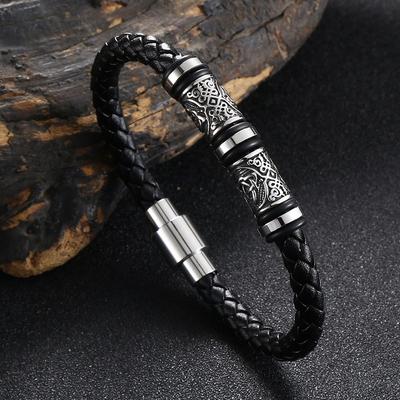 Retro Titanium Steel Engraved Leather Bracelet for Men Viking Style Handmade Bangle Fashion Accessories