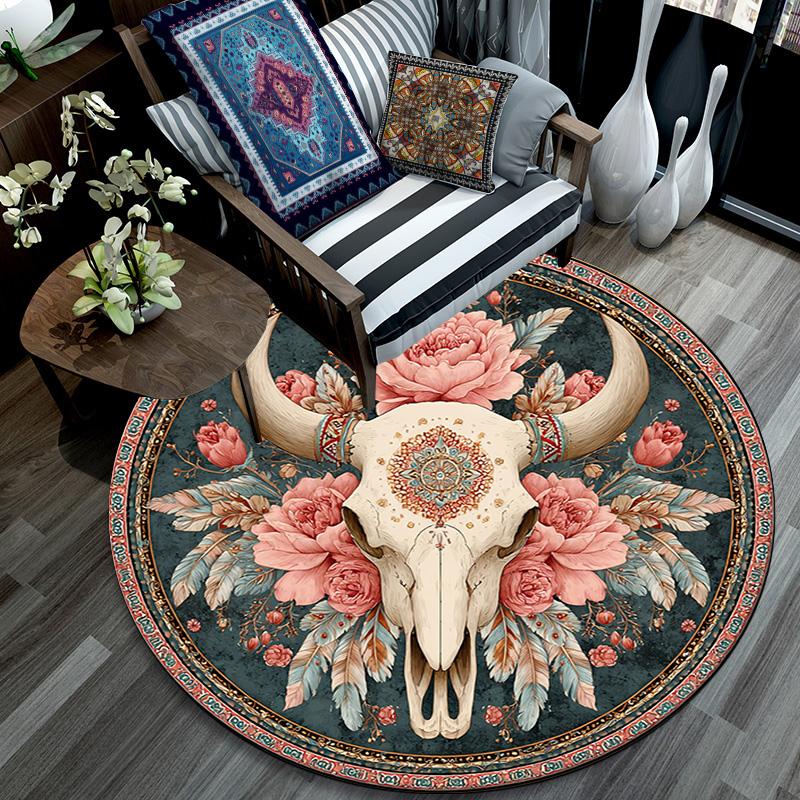 Bohemian Buffalo Skull Round Area Rug,Carpet Rug for Living Room Bedroom Sofa Playroom Decor,Non-slip Floor Mat
