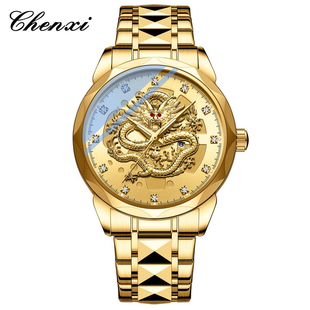 Chenxi Relógios Masculinos Relógio Dragão Ouro Aço Inoxidável Diamante Calendário Marca de Luxo Relógio de Quartzo para Homem NOVO