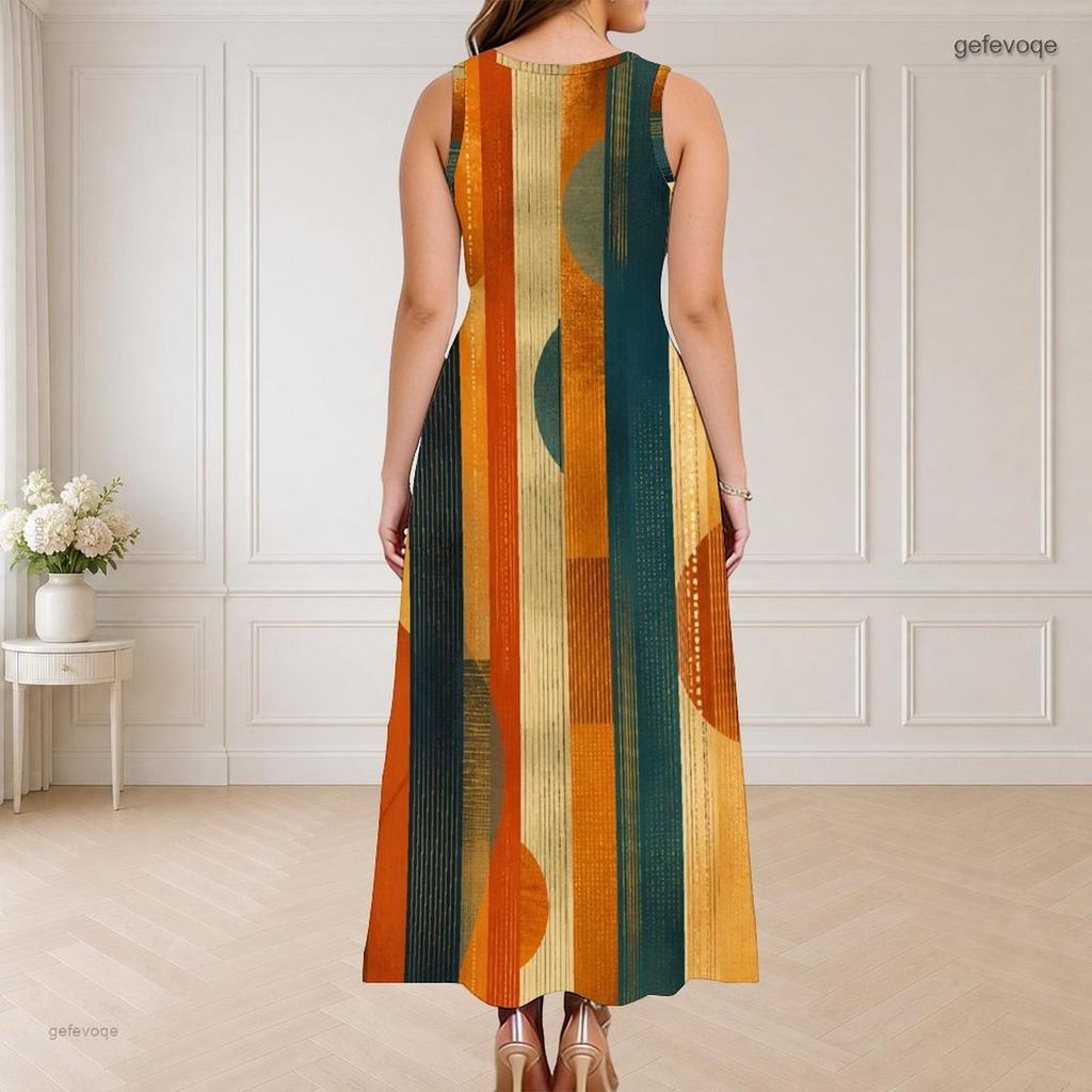 Women Plus Size Round Neck Triple Keyhole Cutout Sleeveless Printed Long Dress
