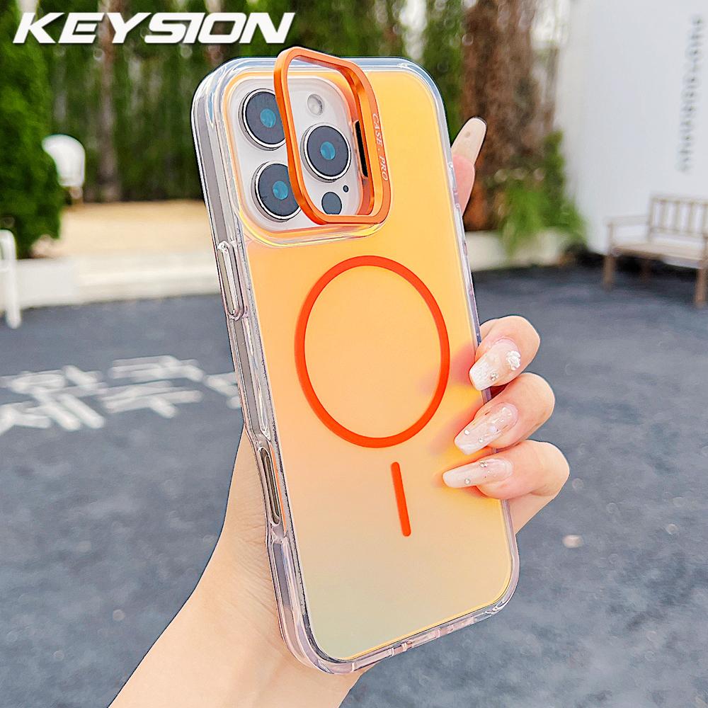 KEYSION Colorful Gradient Magnetic Lens Stand Case for iPhone 11 12 13 Pro Max for MagSafe TPU+PC Shockproof Back Cover